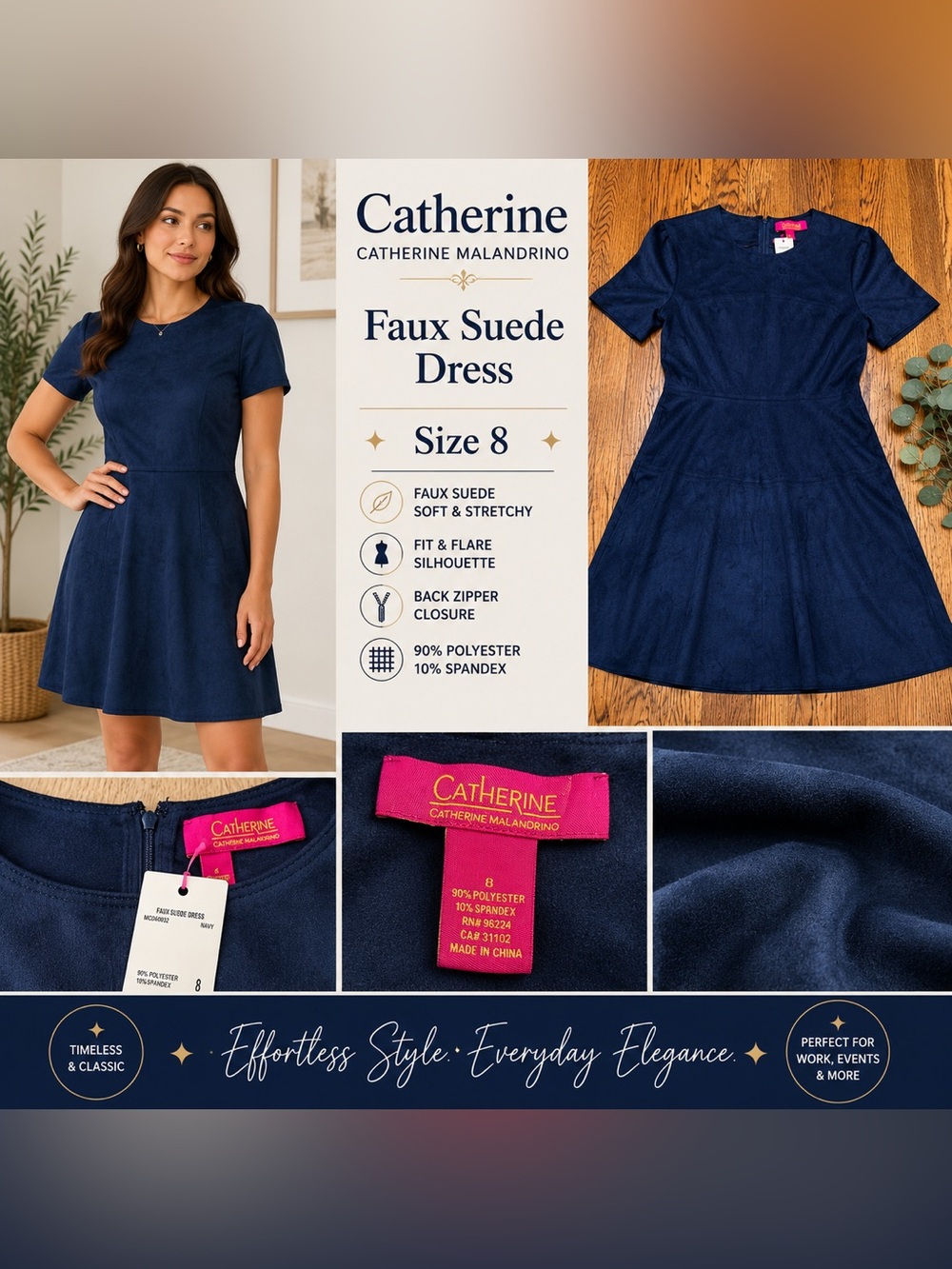 Catherine Catherine Malandrino Faux Suede Fit & Flare Dress Navy Size 8 NWT